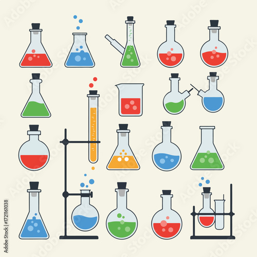Many colorful lab glassware filled with liquids against a beige background