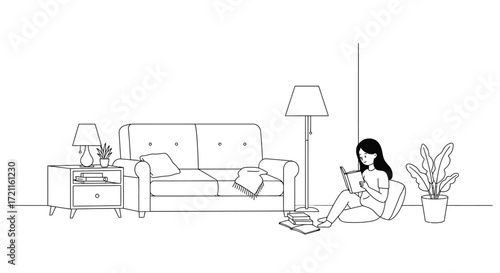 Cozy living room scene minimalist line art woman relaxing reading book coffee plant lamps sofa