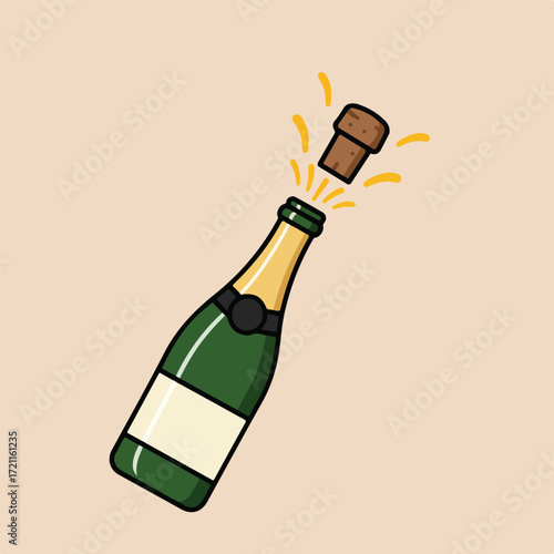 Champagne bottle with cork popping against tan background, minimalist