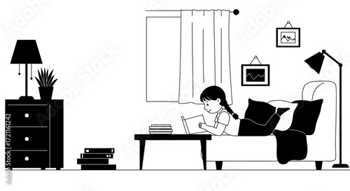 Cozy reading nook with girl on sofa and lamp cozy scene relaxing home interior book lover comfort
