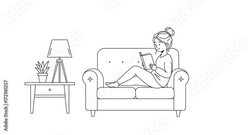 Cozy scene woman reading book on sofa next to lamp table sketch