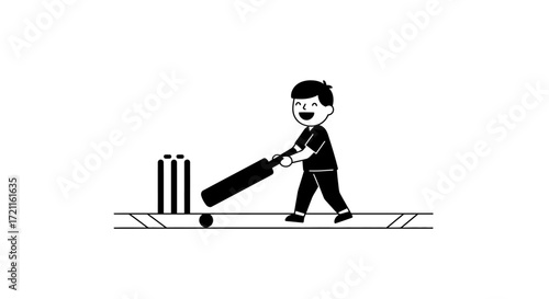 Cartoon cricket player swinging bat at wickets for sports and recreation