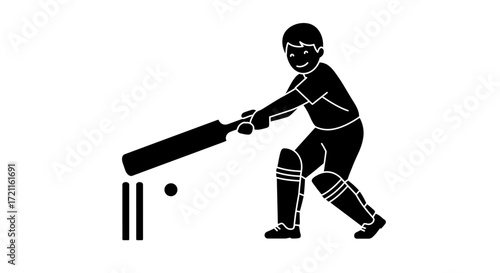 Dynamic silhouette of a cricket player batting actively in a game silhouette action shot