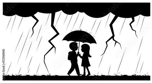Couple silhouettes under umbrella during stormy weather with lightning and rain