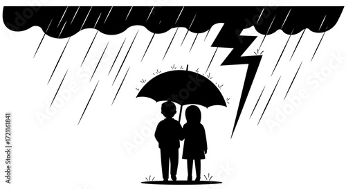 Children under umbrella during thunderstorm with lightning and heavy rain silhouette symbol