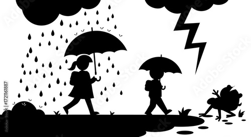 Children with umbrellas in a stormy downpour with lightning strikes and a falling figure