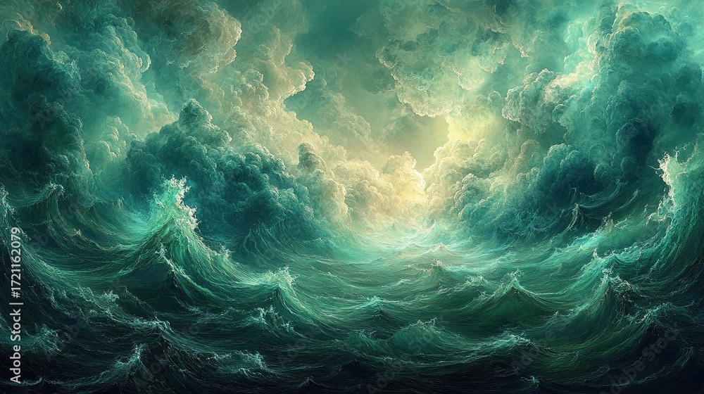 Obraz premium Epic ocean waves crash under dramatic cloudscape seascape art calm environment aerial view nature's power