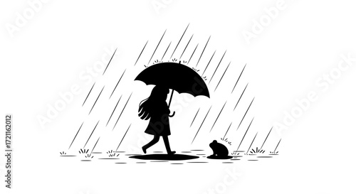 Silhouette of a person with an umbrella and a cat walking in the rain wet streets atmospheric scene
