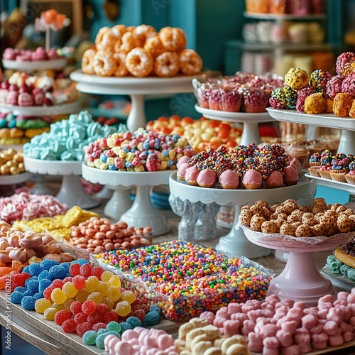 Colorful candy wonderland candy shop food display bright environment close-up view sweet treats concept