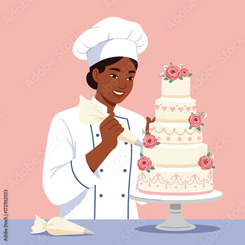 Pastry chef decorates tiered cake with roses