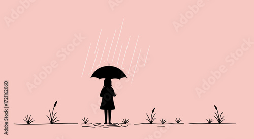 Silhouette of a girl with umbrella and dogs on soft pink background minimalist artistic scene
