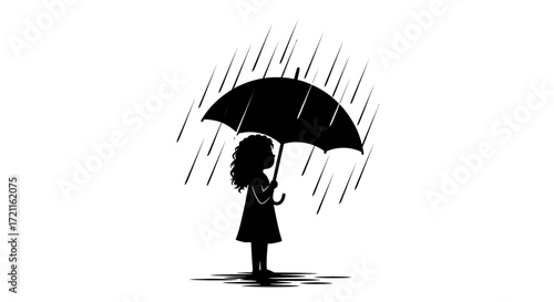 Silhouette of a child holding an umbrella in the rain a symbol of protection and childhood memories