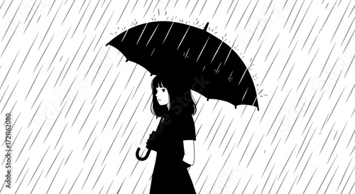 Silhouette of person holding umbrella during heavy rain with diagonal streaks representing raindrops