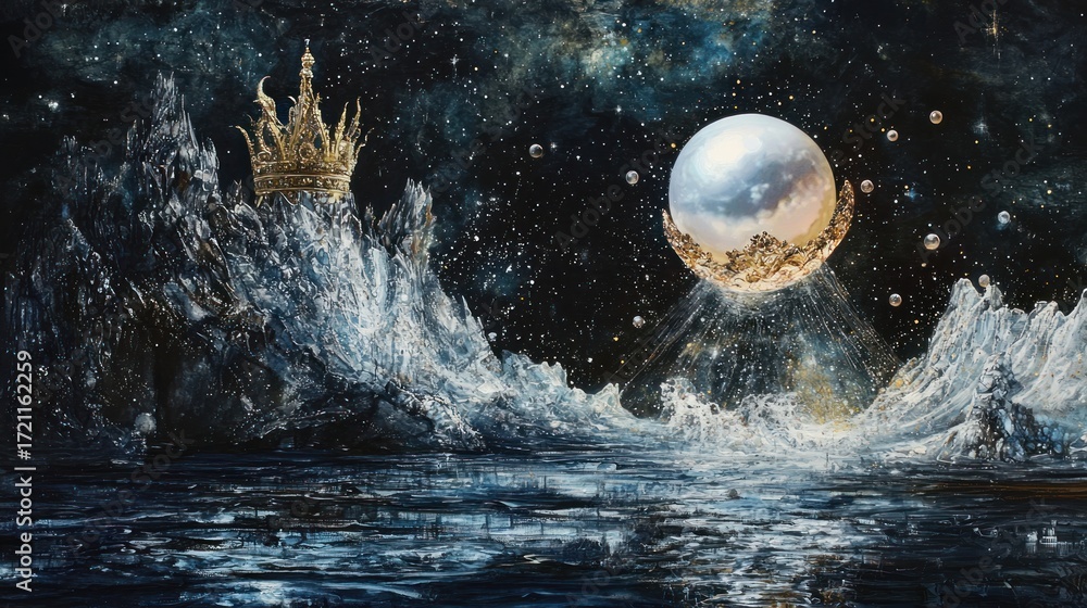 Fototapeta premium Surreal Seascape with Crowned Rocks and Floating Orb.