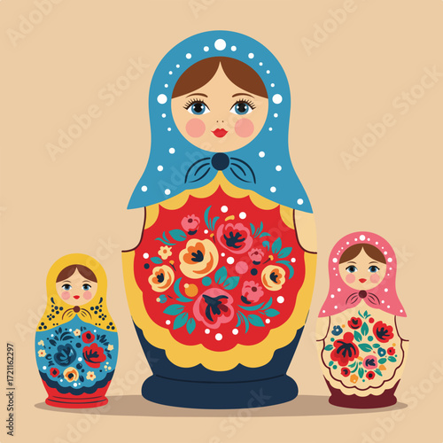 Three Matryoshka dolls in varying sizes