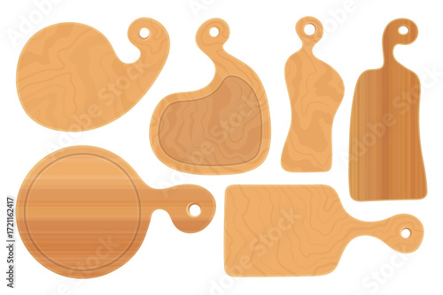 Wooden Cutting Boards Collection. Hand Drawn Rustic Chopping Boards set with round, oval, reclangle shapes. Six different wooden cutting boards.
