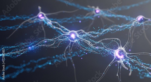 Neurons firing with glowing particles, neural network concept background