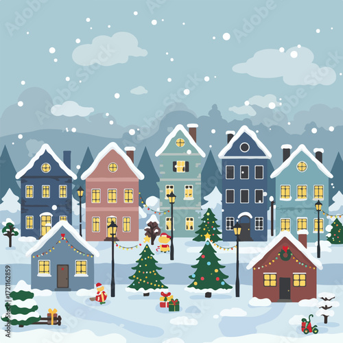 Snowy winter cityscape with houses, trees, street lamps, gifts and figures