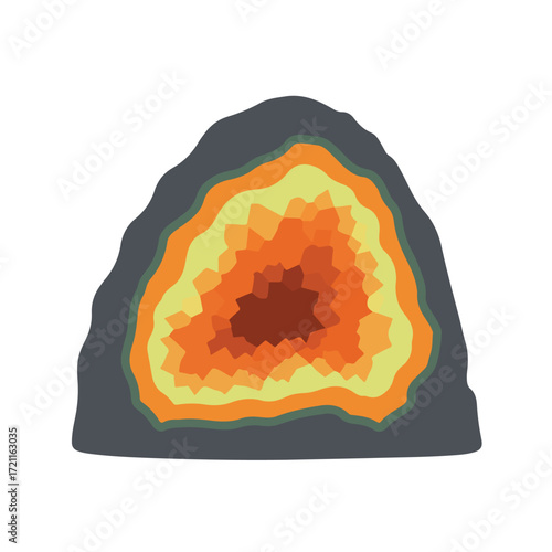 Geode-like abstract art, multi-layered warm colors form jagged crystalline interior