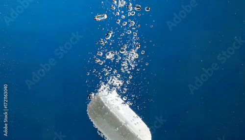 White Effervescent Tablet Dissolving with Rising Bubbles in Water