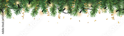 Christmas decorative seamless border with realistic coniferous branches, christmas lights and gold streamers and glitter