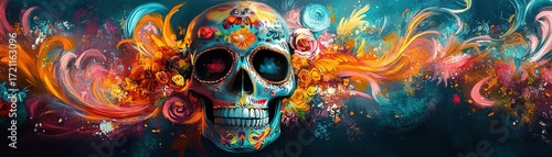 Celebrating life and death colorful skull art urban setting digital artwork vibrant environment eye-level view cultural significance