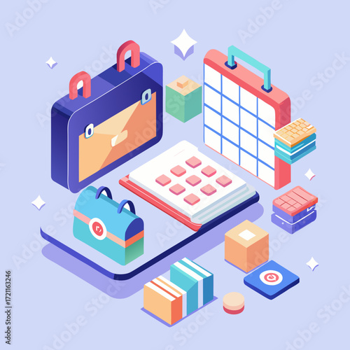 Isometric illustration of business and finance objects including briefcases calendar calculator and boxes