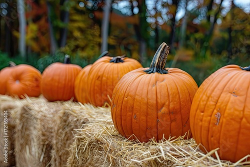 Close-up view of stacked orange pumpkins outdoors at autumn October market