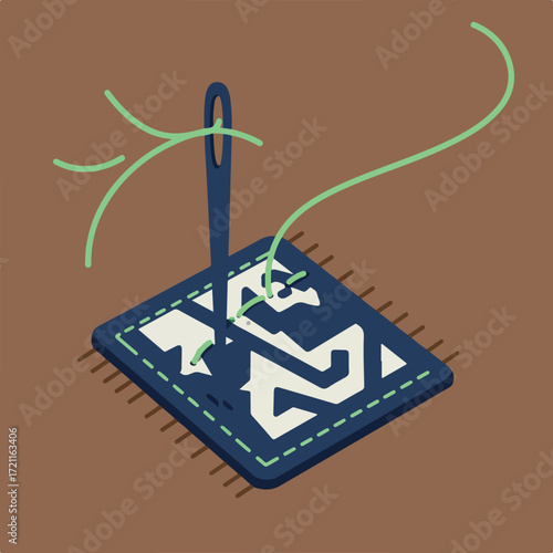 Needle stitching design on fabric patch, with flowing thread, isometric view