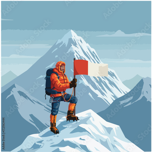 Climber on snowy peak holding flag with mountain background