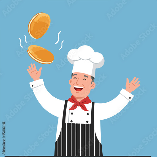 Happy chef tossing two golden pancakes, set against a light blue background