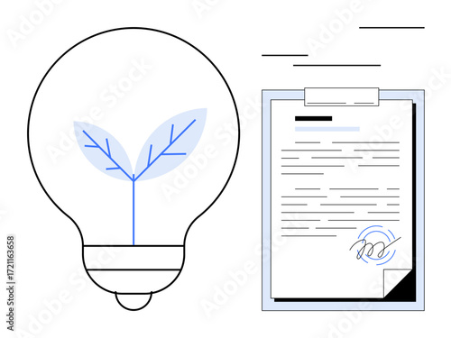 Light bulb with leaf sprout concept beside signed document on clipboard. Ideal for sustainability, innovation, eco-business, environmental responsibility, growth, legal approval, and clean energy