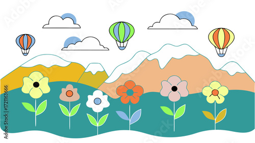 Colorful flowers bloom beneath snow capped mountains with hot air balloons floating in sky