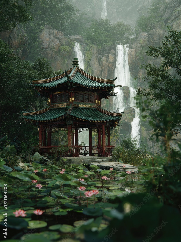 Papier peint photo avec Asian pagoda waterfall landscape #1721164208