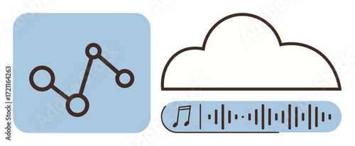 Cloud with sound waveform, music note, and network diagram symbolizing data sharing, cloud storage, music streaming. Ideal for innovation, connectivity, entertainment, collaboration technology