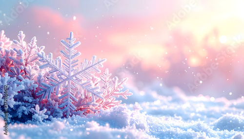 A close-up view of a large, detailed snowflake in a soft, wintery scene with snow and a pastel sky.