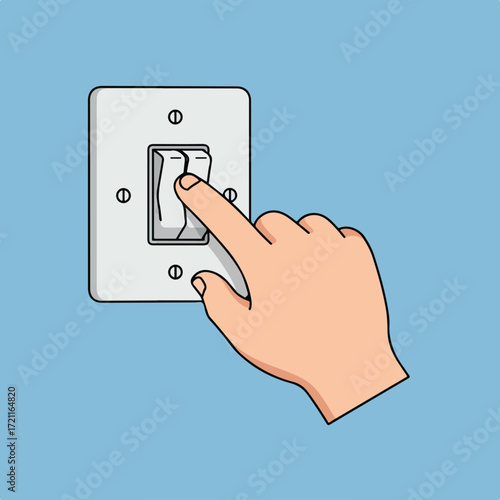 Hand switching light switch on light blue background in flat vector style