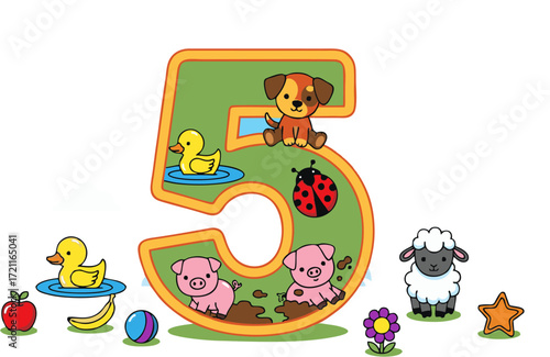 Colorful number five with a collection of charming cartoon animals like a pig, sheep, and dog for preschool education and birthday celebrations