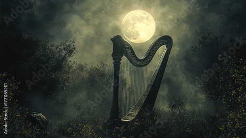 Mystical Harp Under the Moonlight - A Serene Night Scene.