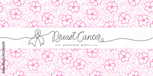 Breast Cancer Awareness Month line art background with ribbon. Simple vector web banner with flower pattern and hand drawn lettering. One continuous line text. Vector illustration
