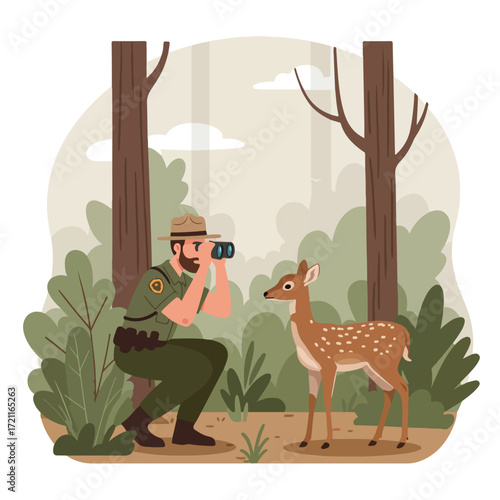 Park ranger uses binoculars to watch a deer in a forest clearing