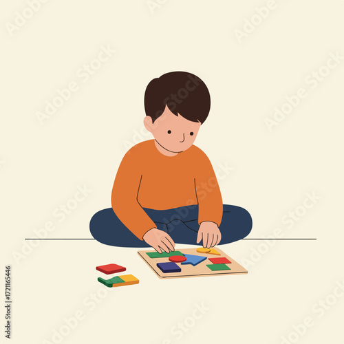 Child plays with colorful geometric shape puzzle while sitting on the floor