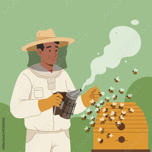 Beekeeper tending hive with smoke and swarm in flat vector illustration