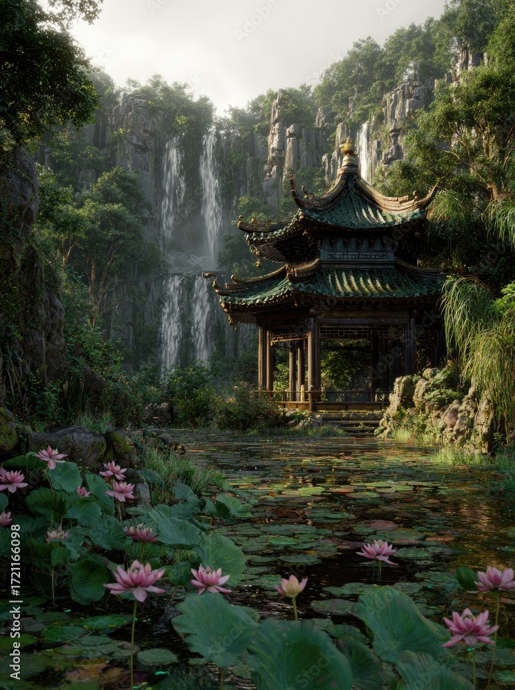 Fototapeta premium Peaceful pagoda by waterfall