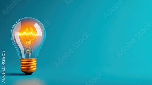 Bright Light Bulb Glowing on Blue Background with Soft Reflection and Minimalist Design