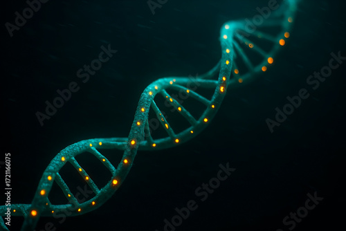DNA double helix with glowing markers — gene editing and genomics concept