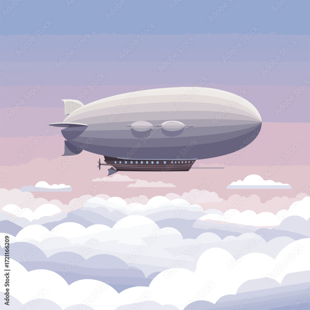 Fototapeta premium Airship floating amidst soft white clouds, under pastel gradient sky