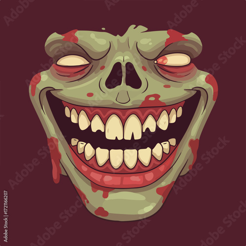 Grotesque, grinning zombie face with blood splatters on a dark maroon background
