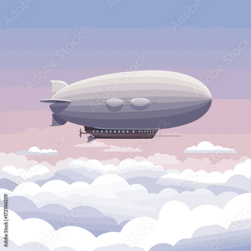 Airship floating amidst soft white clouds, under pastel gradient sky