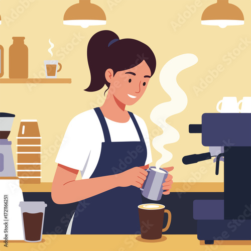 Smiling barista pouring steamed milk into coffee